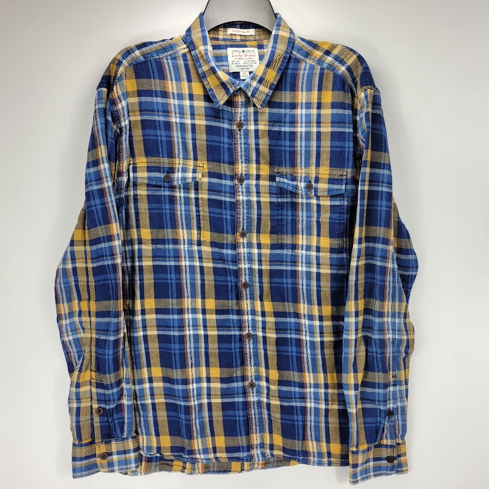 Lucky Brand California Fit Flannel Long Sleeve Button Shirt Mens XL Blue Yellow